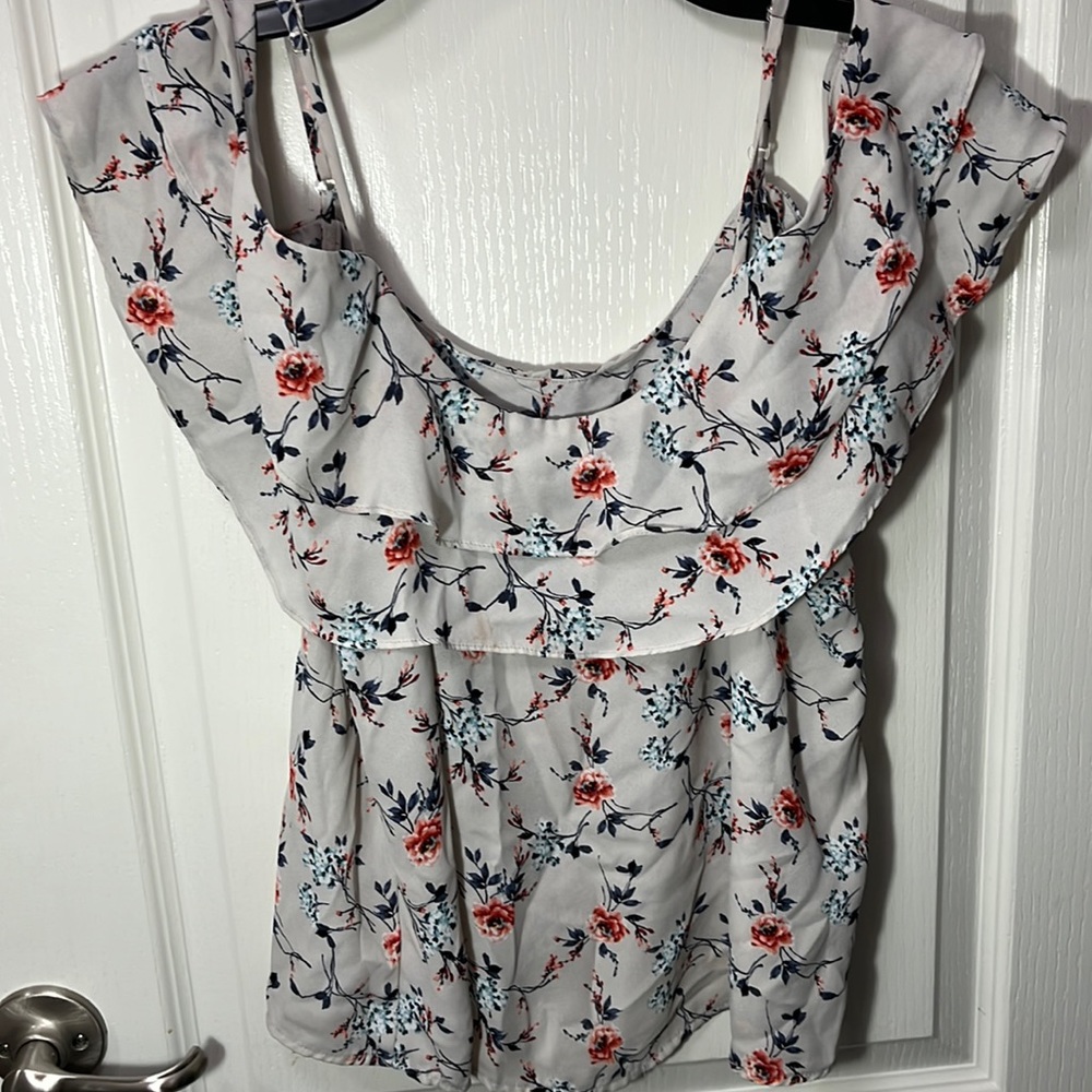 off the shoulder floral top with red orange flowers